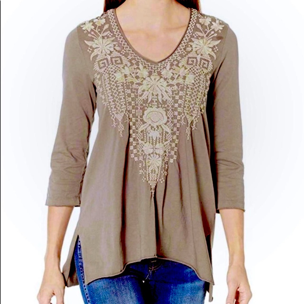 Johnny Was Multicolored Asymmetrical High Low Embellished Tunic in Grey Size M